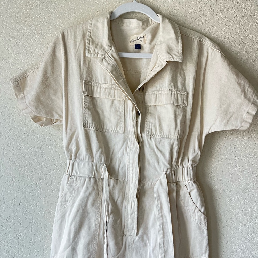 Universal Thred Cream Short Sleeve Wide Leg Button Closure Utility Jumpsuit